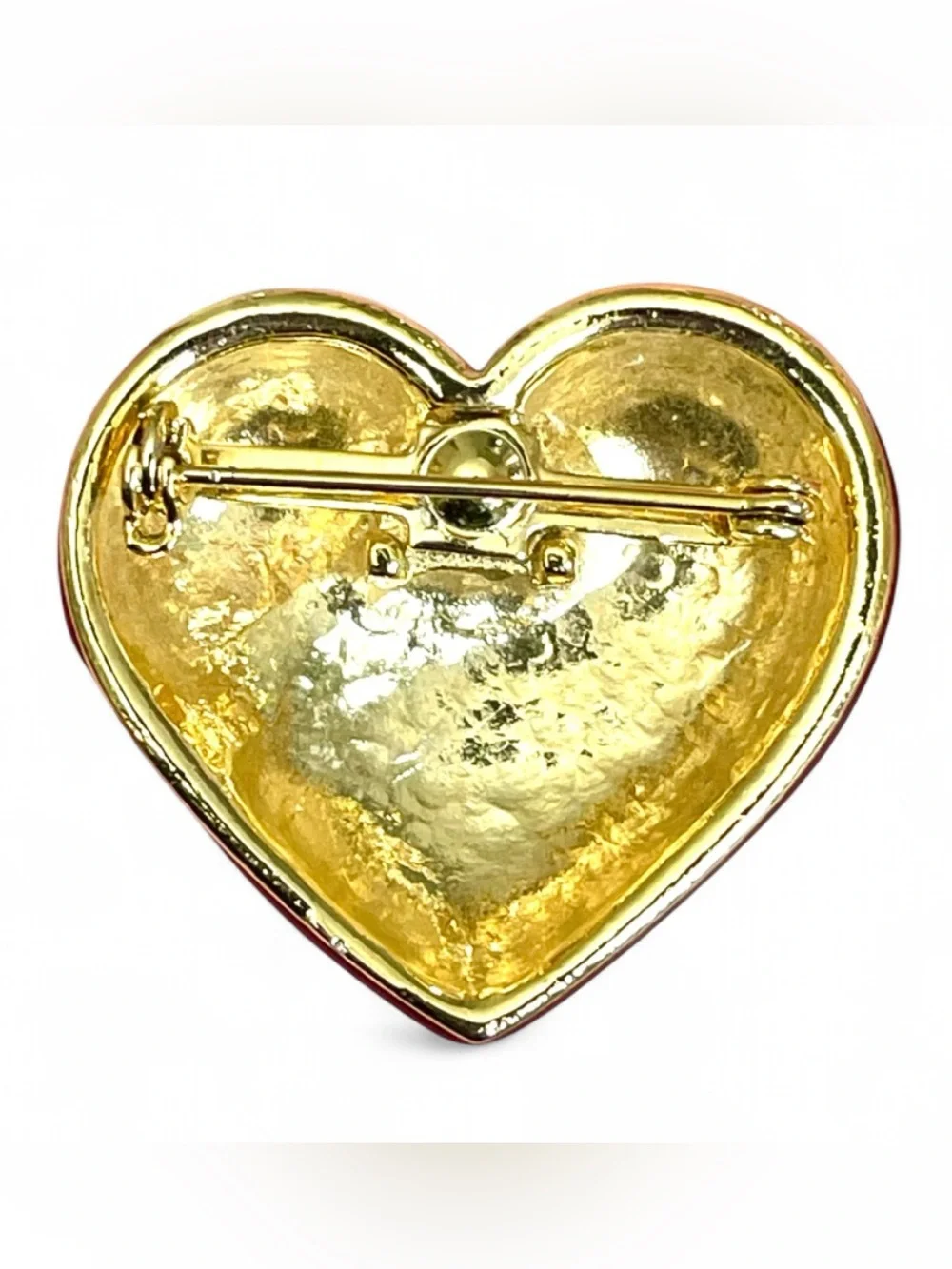 Vintage 1980s Red Enamel Puffy Heart Rhinestone Brooch Pin Domed Romantic Glam